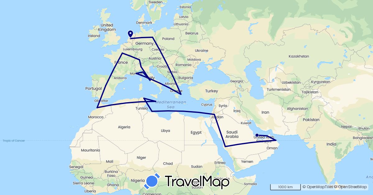 TravelMap itinerary: driving in United Arab Emirates, Switzerland, Germany, Spain, France, Greece, Italy, Jordan, Libya, Morocco, Monaco, Malta, Netherlands, Oman, Qatar, Saudi Arabia, Tunisia (Africa, Asia, Europe)